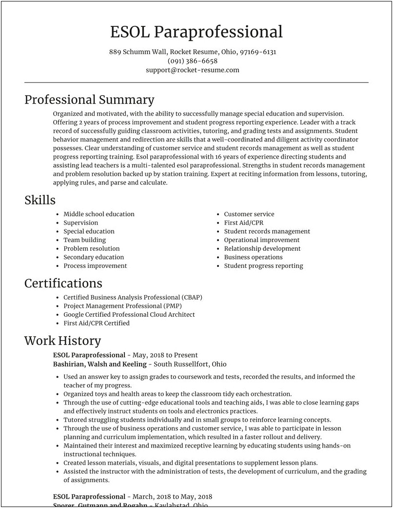 Paraprofessional Resume For High School Student