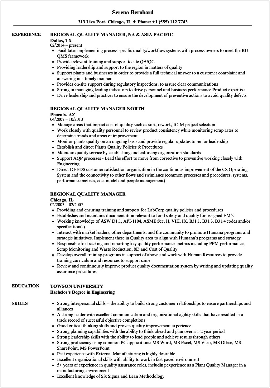 Part 145 Repair Station Quality Manager Resume Sample