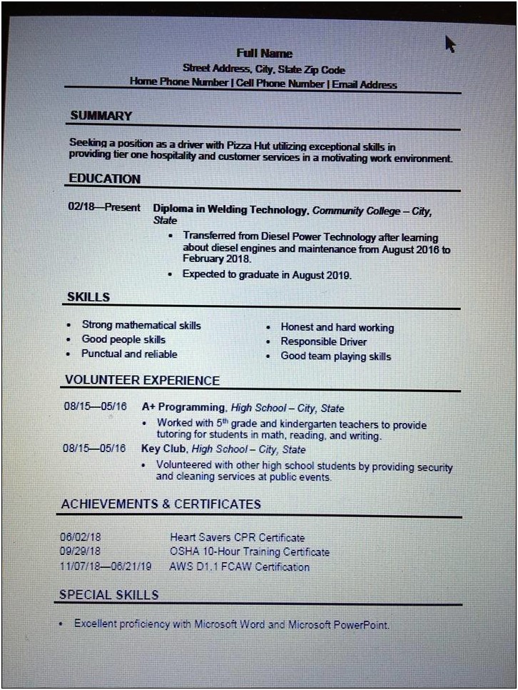 Part Time Jobs Resume For Highschool Students