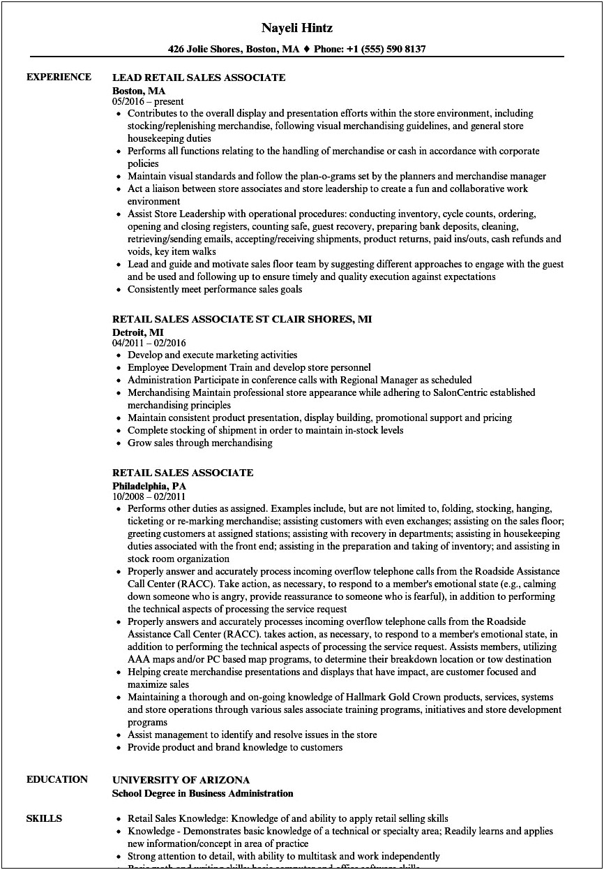 Part Time Sales Associate Resume Example