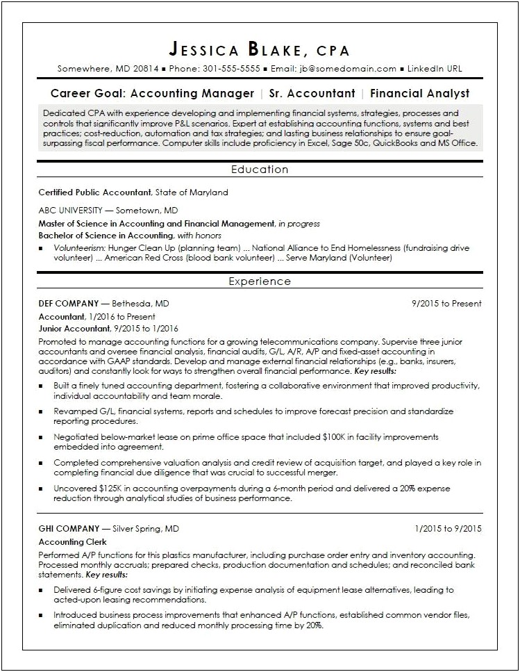 Passed Cpa Exams But No Experience Resume