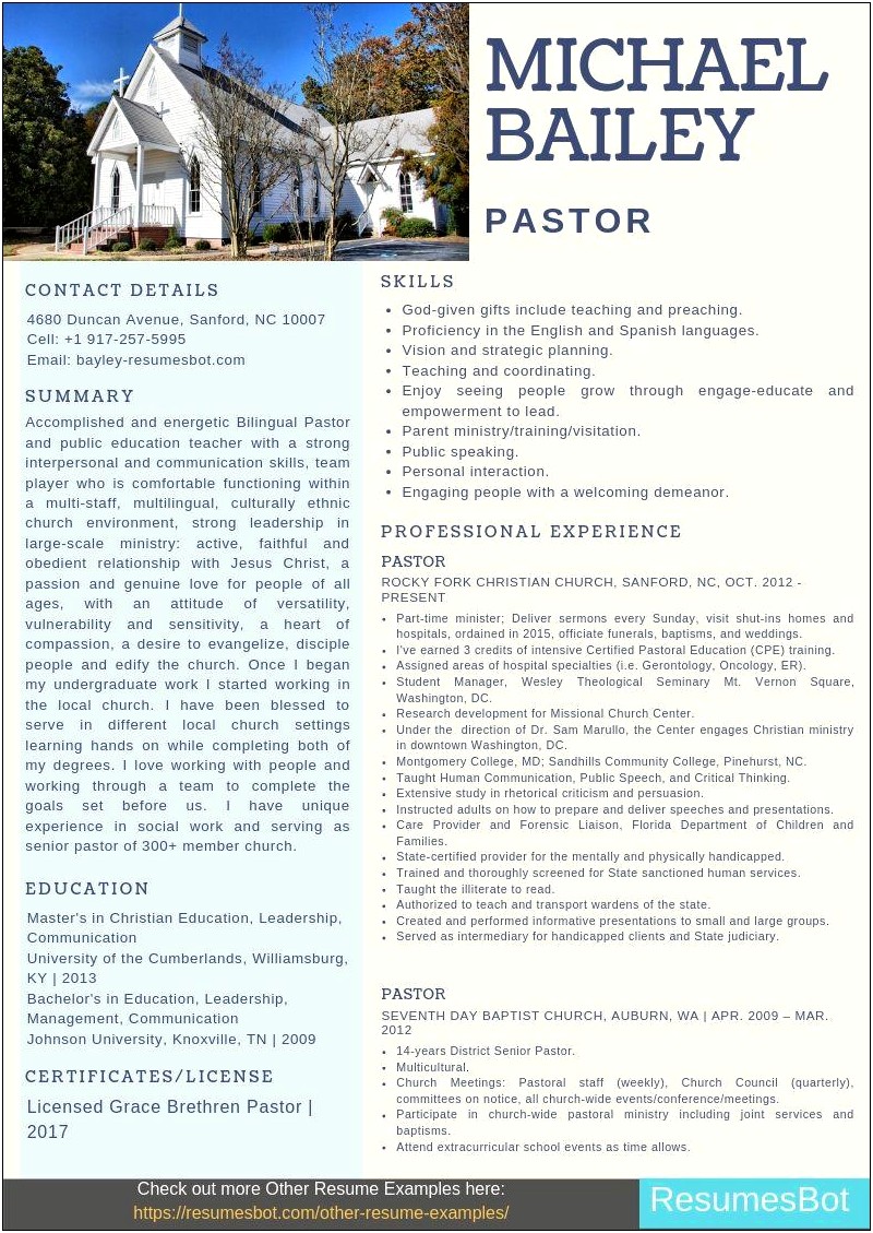 Pastor Looing For Alterante Work Resume Suggestions