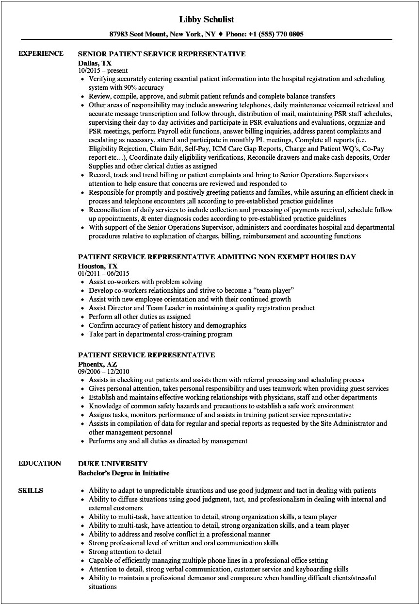 Patient Service Specialist Job Description For Resume