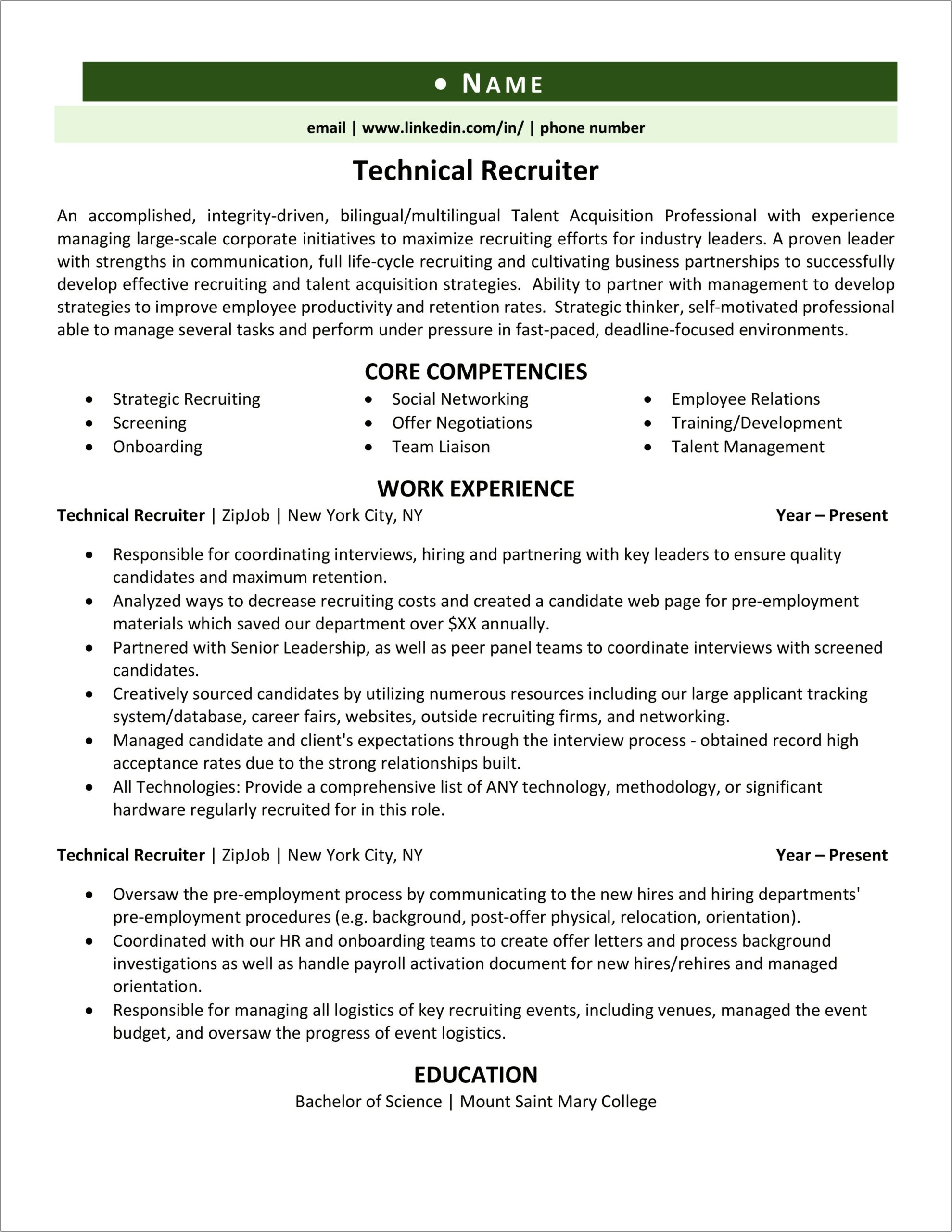 Pay For Resume Template For Recruiter