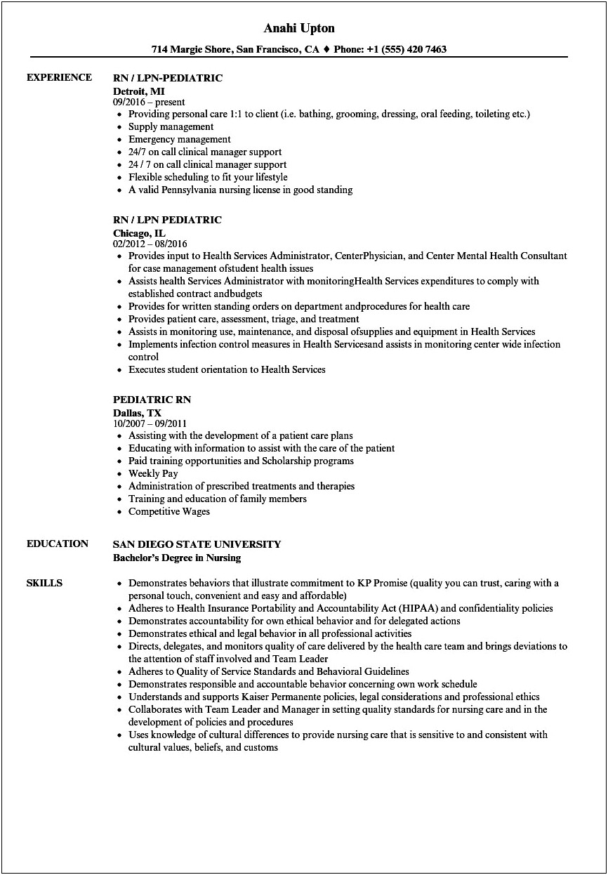 Pediatric Nursing Resume Objective New Grad