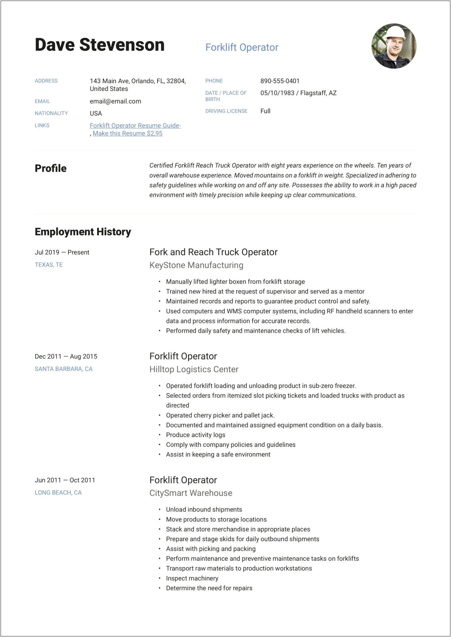 Perfect Fork Lift Operator Resume Example