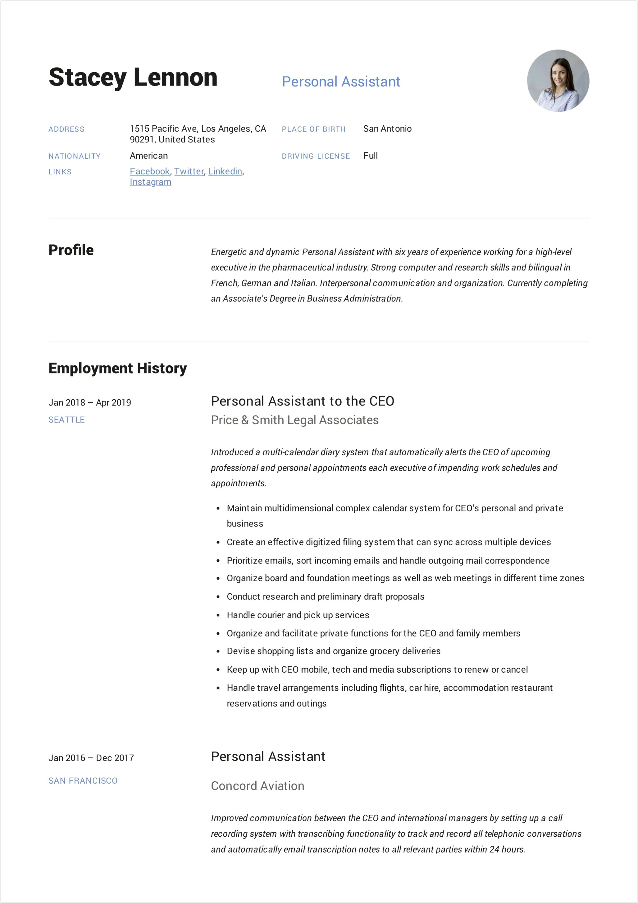 Personal Assistant Job Description Sample Resume