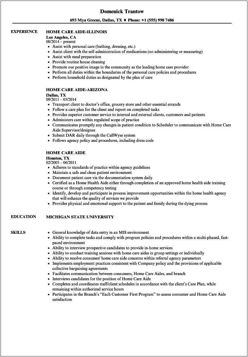 Personal Care Aide Job Description For Resume