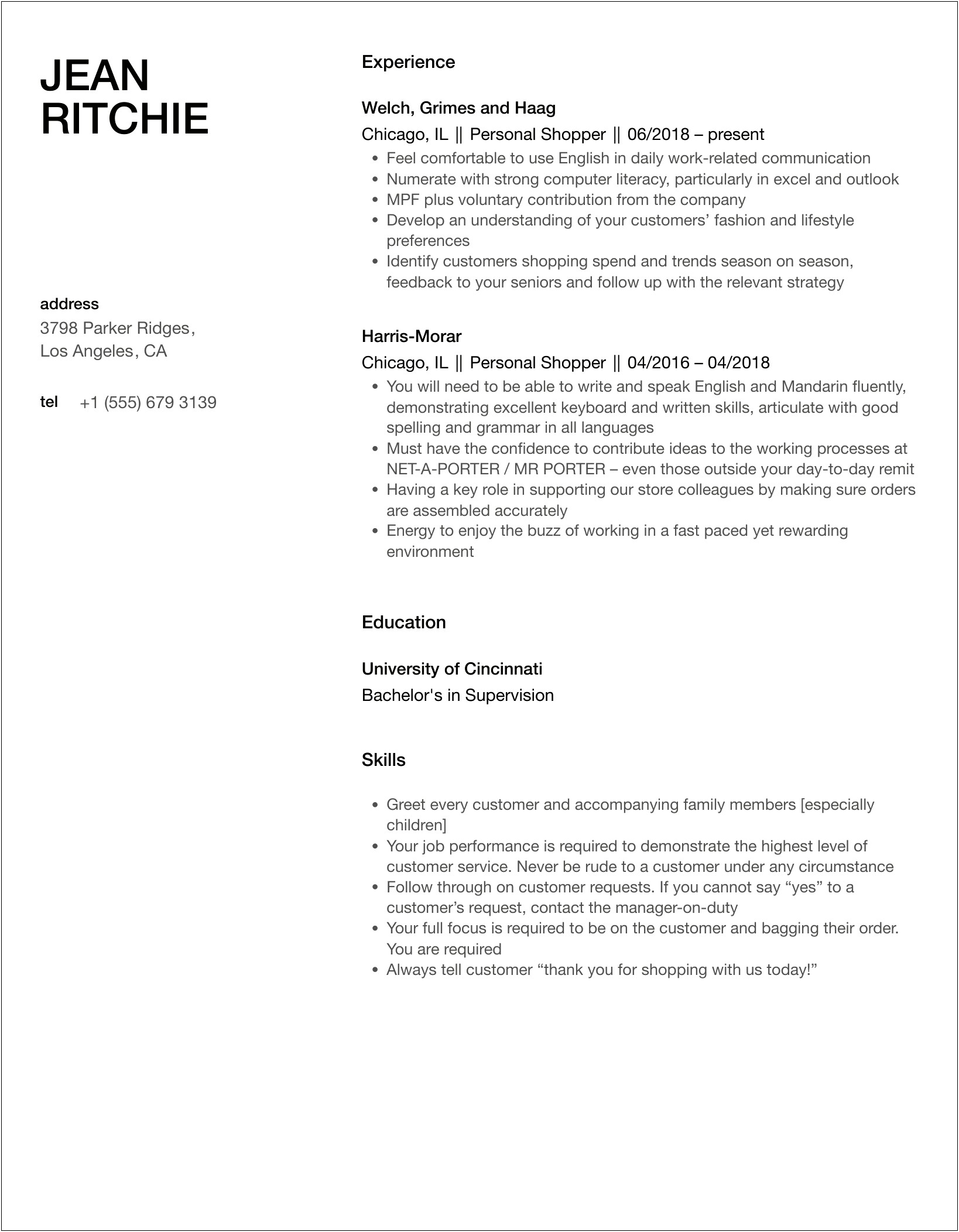 Personal Shopper Job Description For Resume