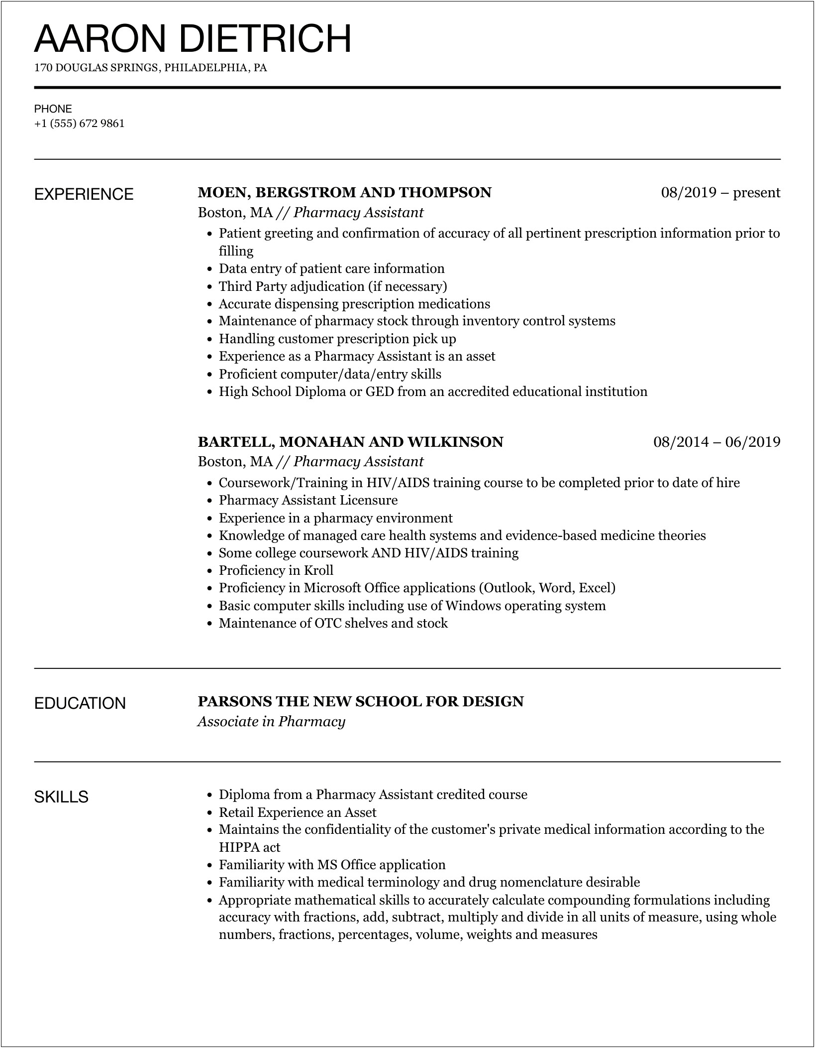 Pharmacy Assistant Sample Resume Entry Level