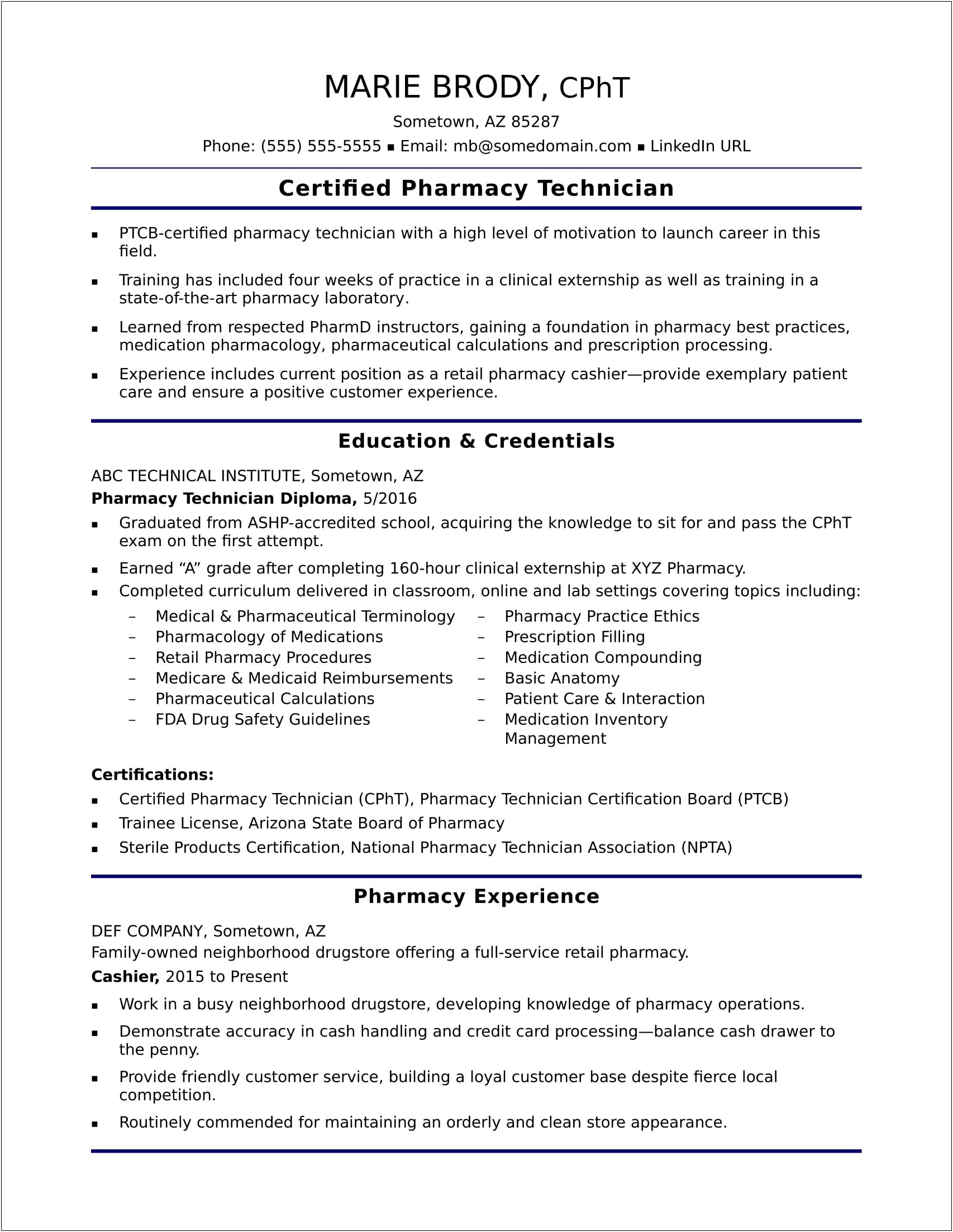 Pharmacy Technican Sample Of Objective For Resume