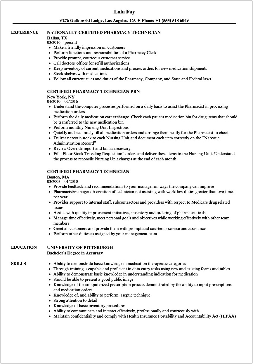 Pharmacy Technician Resume Templates For Microsoft Word