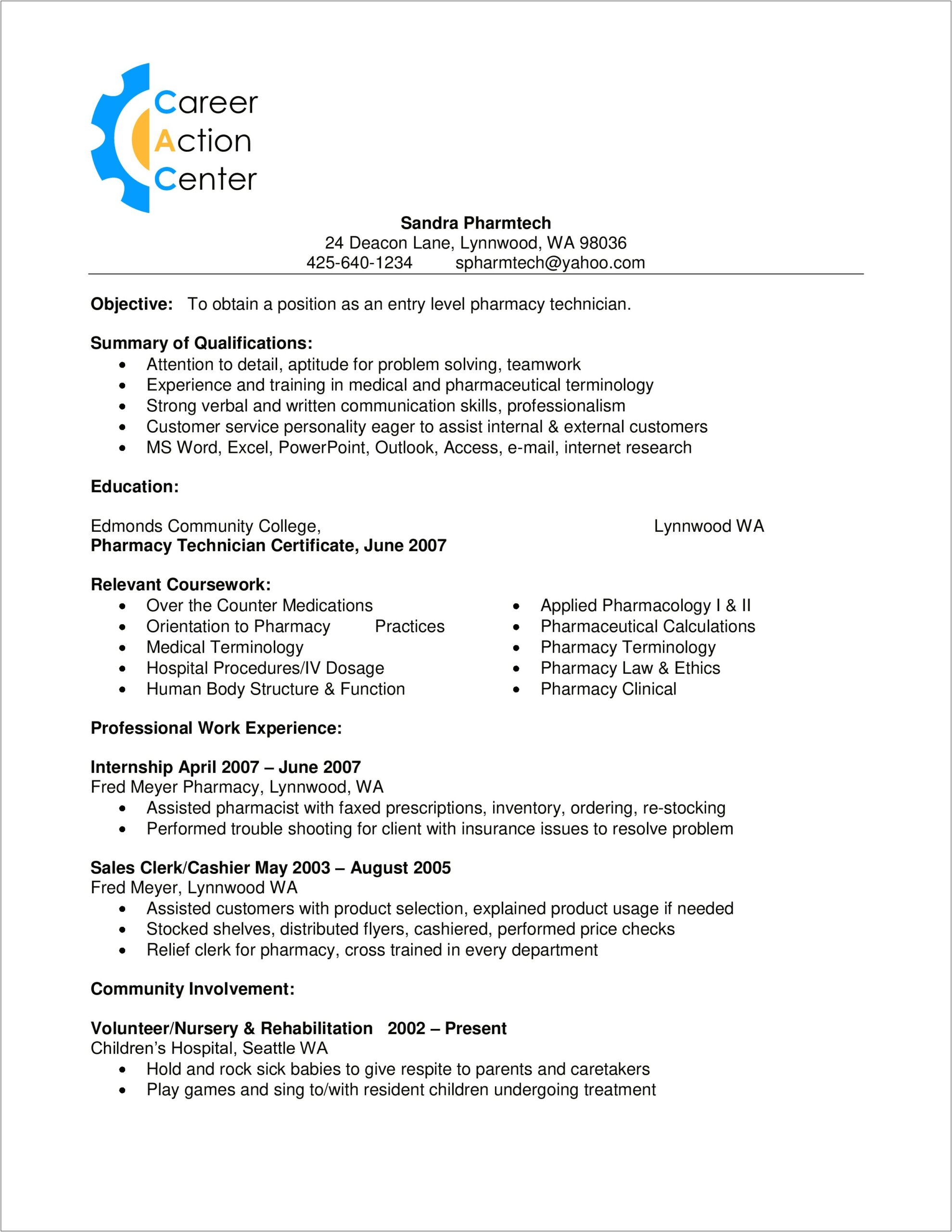 Pharmacy Technician Resume Word Template Free