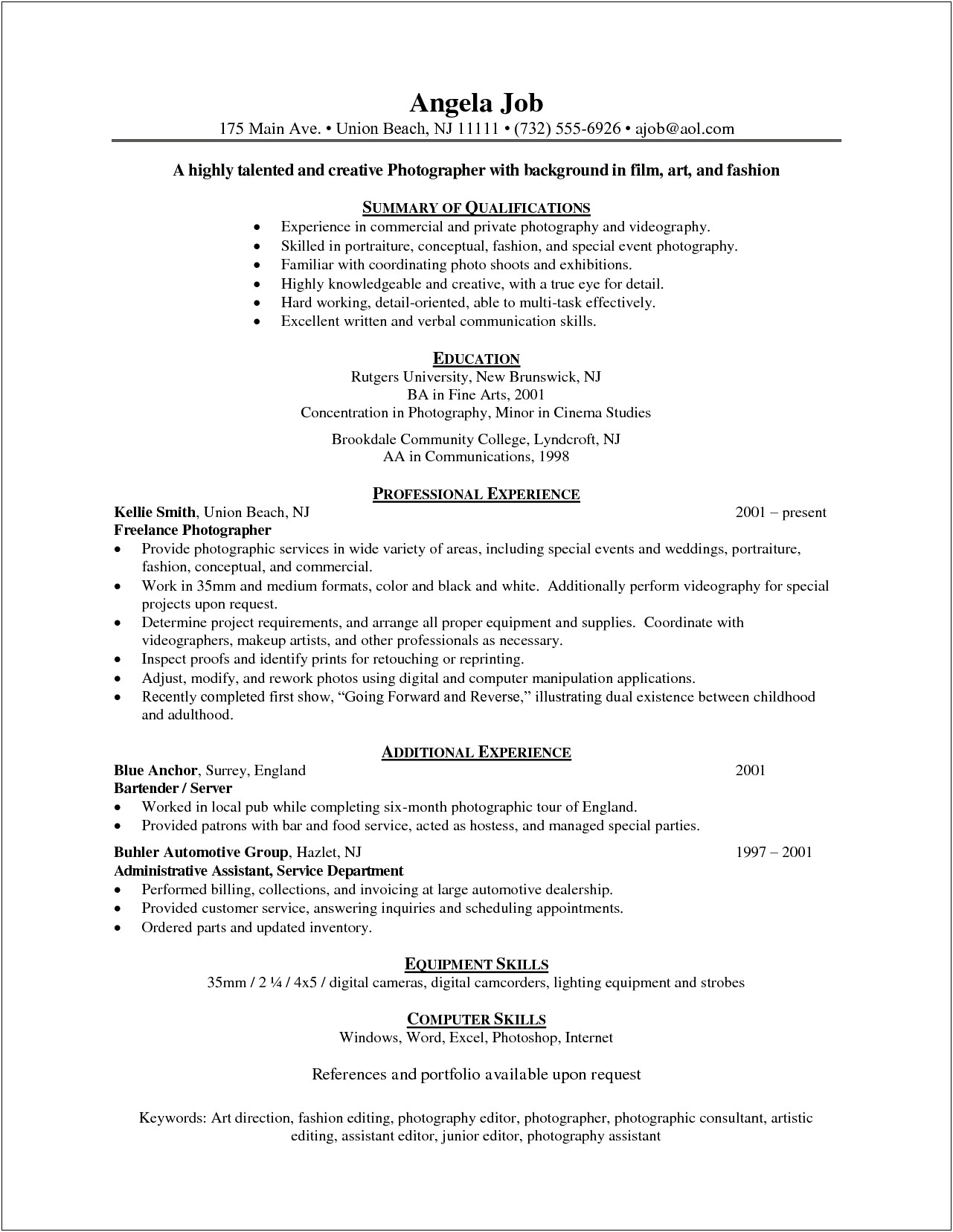 Photographer Job Description For Resume Sample