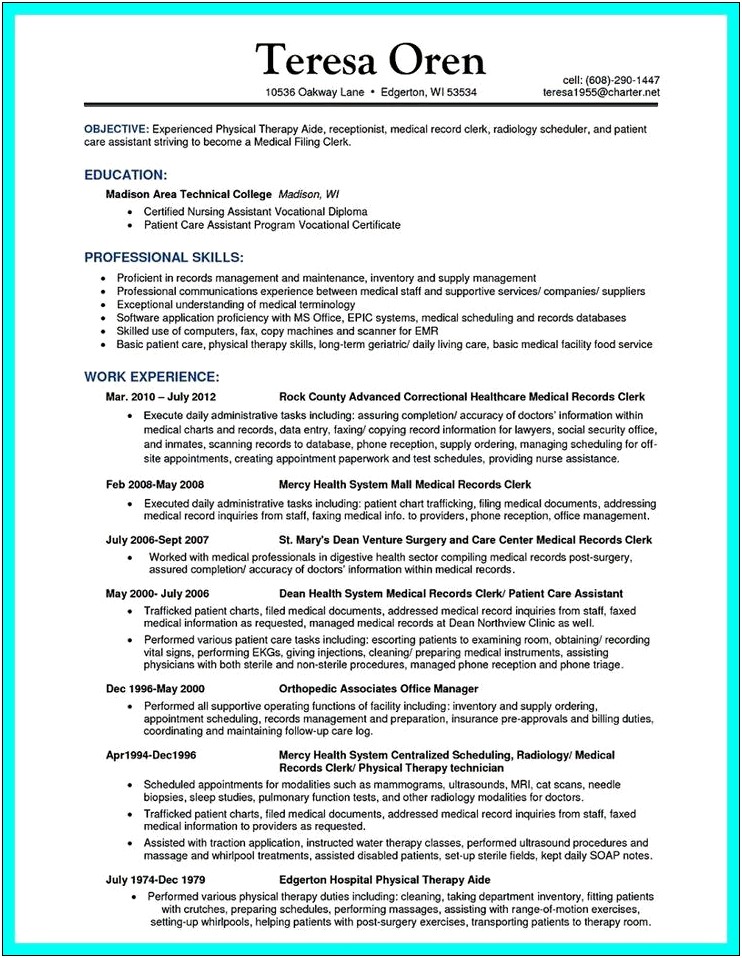 Physical Therapist Assistant Resume Examples Chart