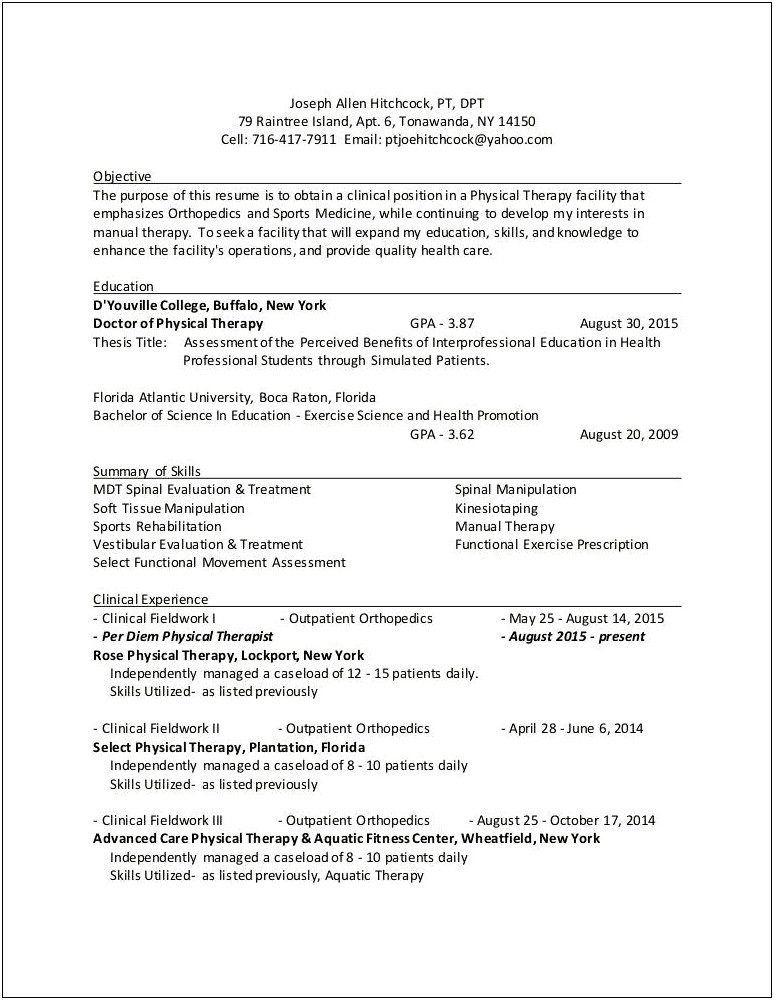 Physical Therapy Resume With Manual Skills