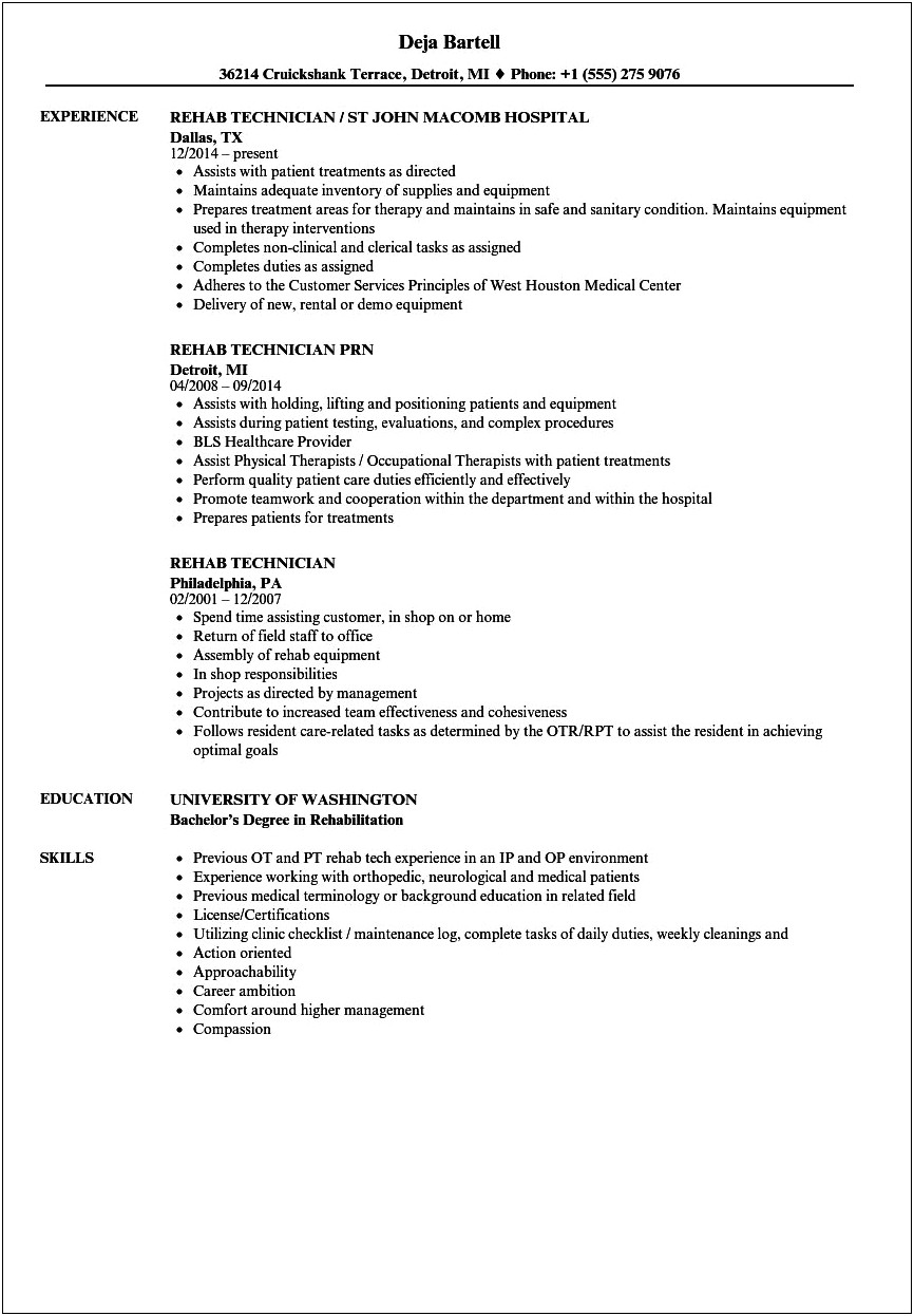 Physical Therapy Tech Job Description On Resume