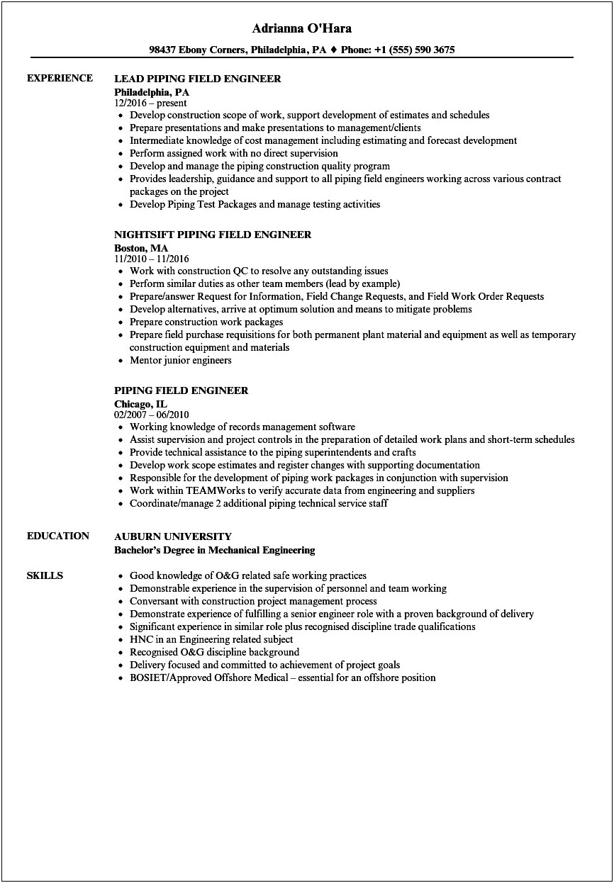 Piping Engineer 3 Years Experience Resume