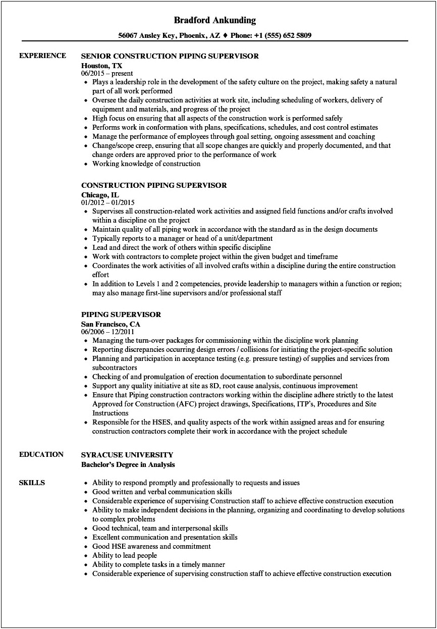 Piping Supervisor Resume In Word Format