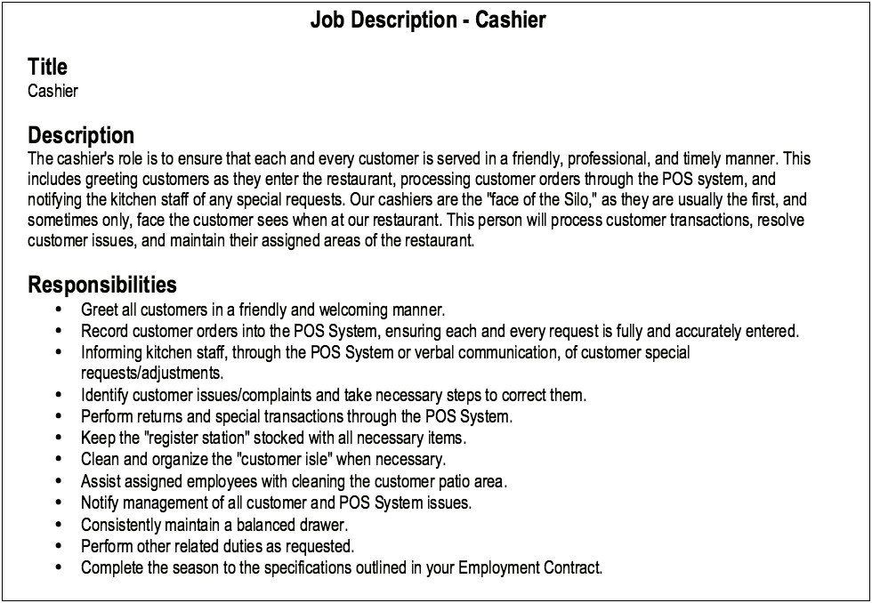 Pizza Cashier Job Description For Resume