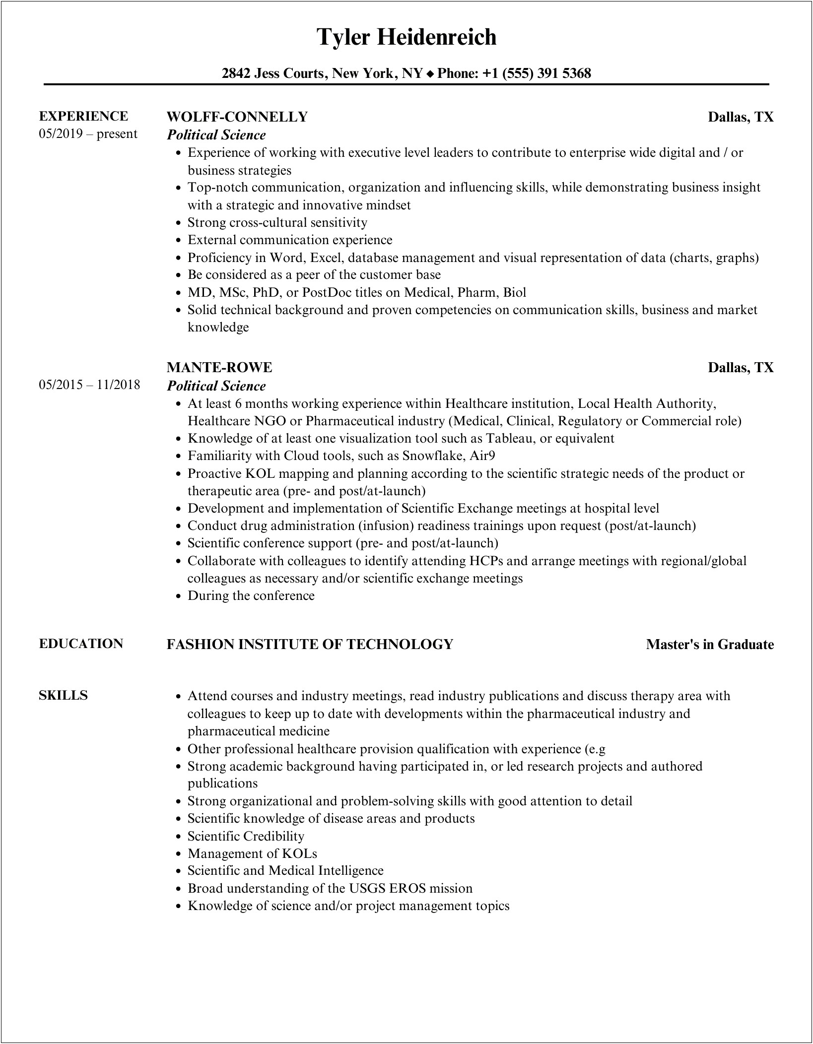 Political Science Sample Resume Wake Forest