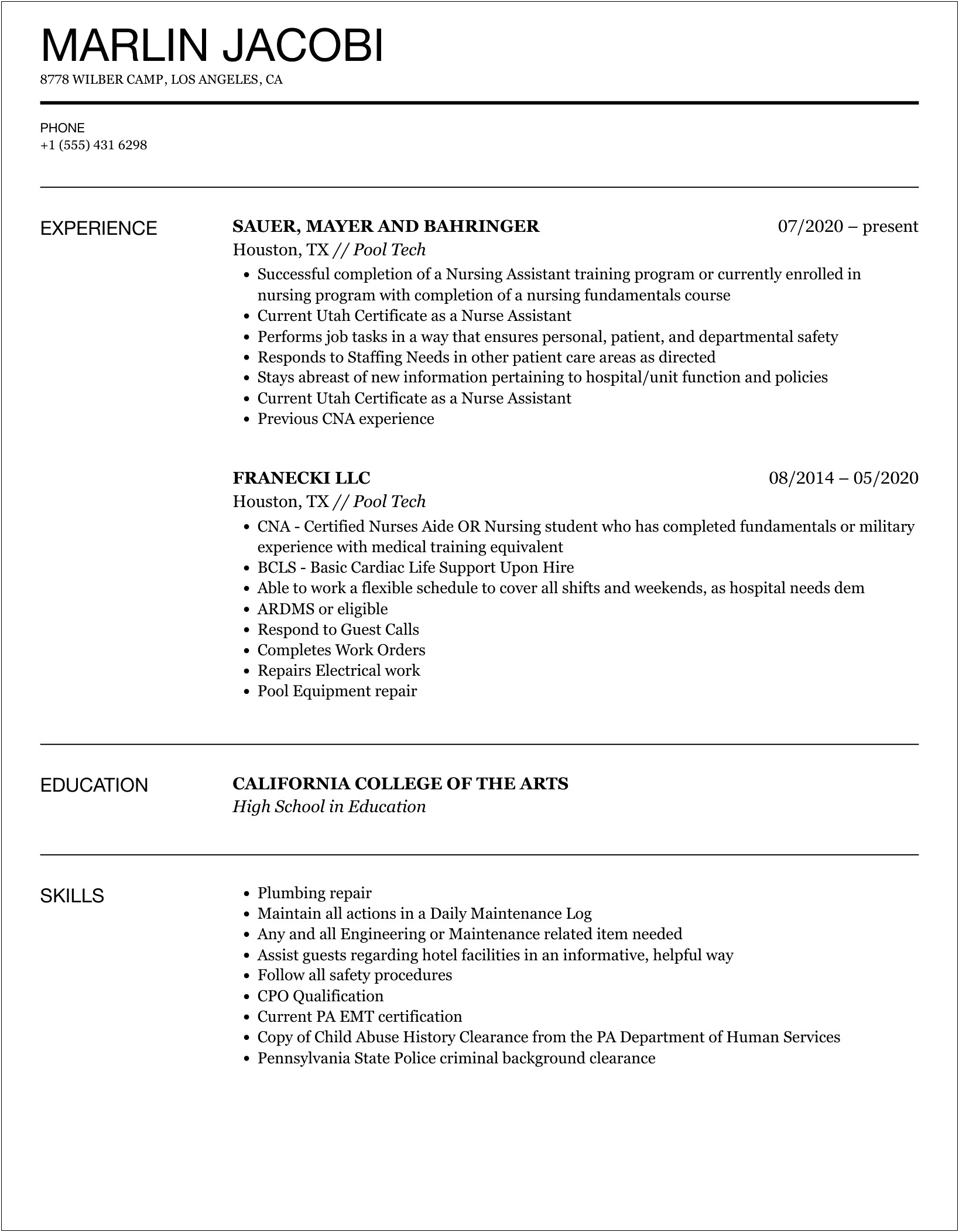 Pool Tech Job Description For Resume
