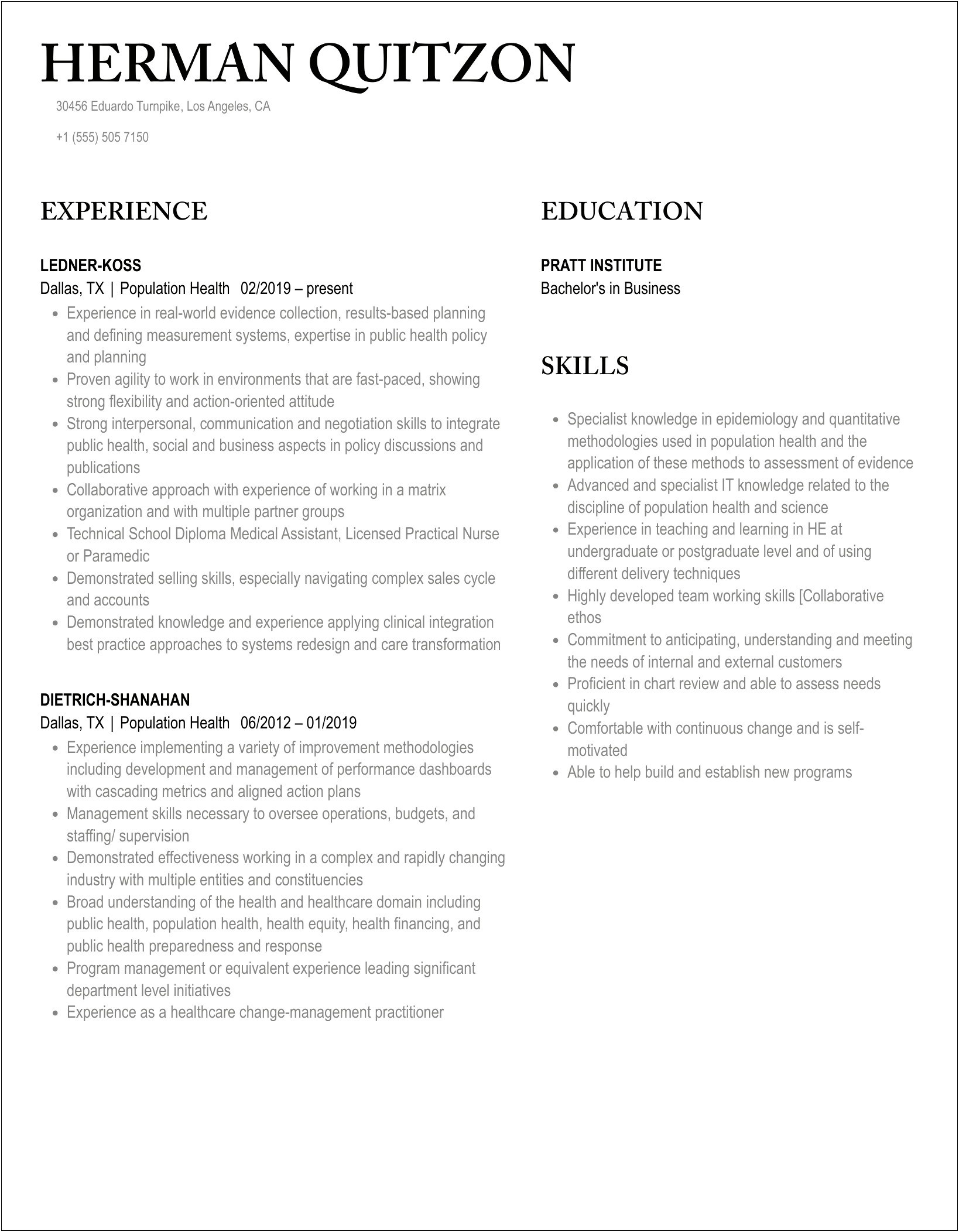 Population Health Project Manager Resume Sample