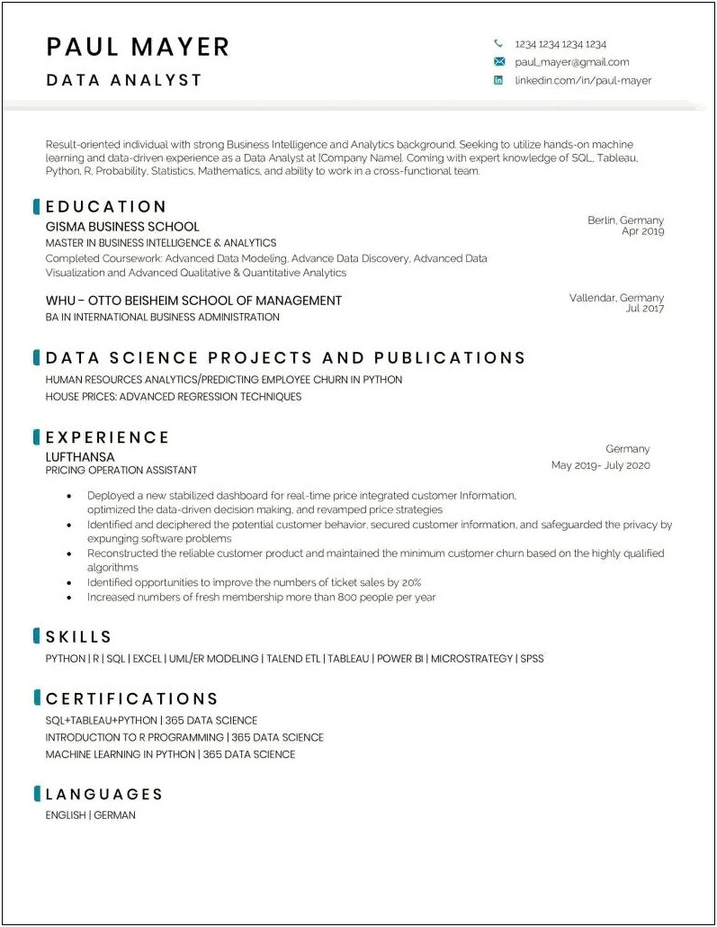 Power Bi Resume For 1 Year Experience