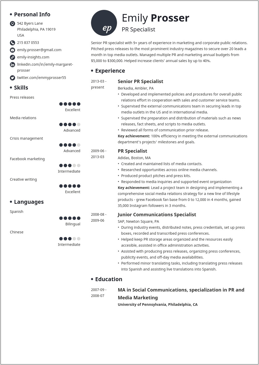 Pr Position Words To Put In Resume