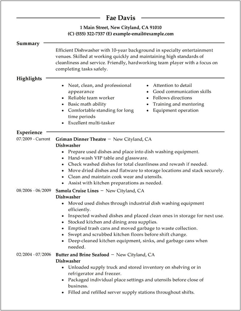 Pre Cook Dish Washer Sample Resume
