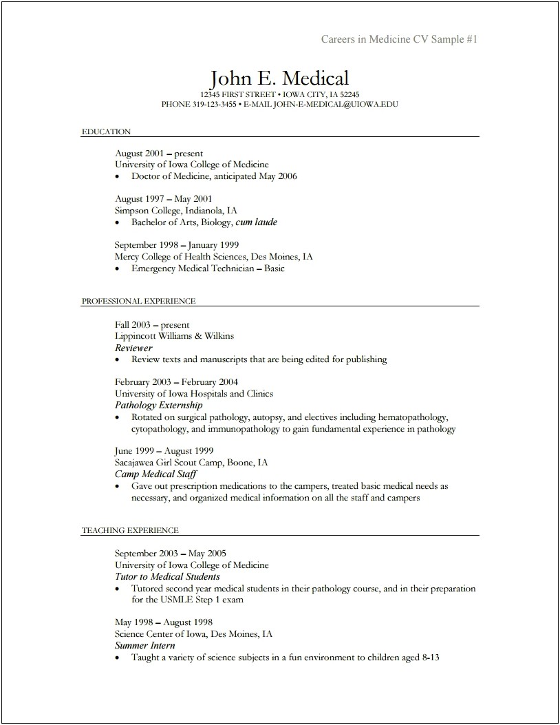 Pre Med Student Resume For Summer Job Examples