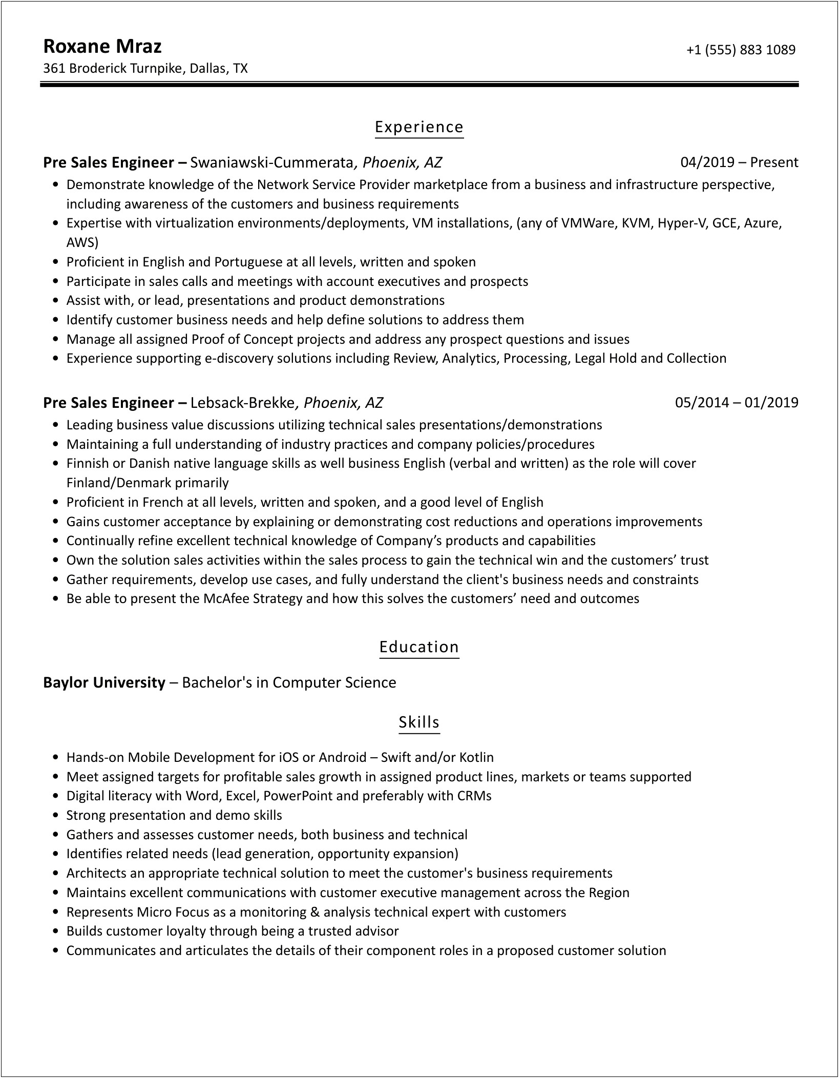 Pre Sales Engineer Skills Listing On Resume