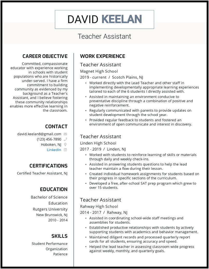 Preschol Teacher Job Duties For A Resume