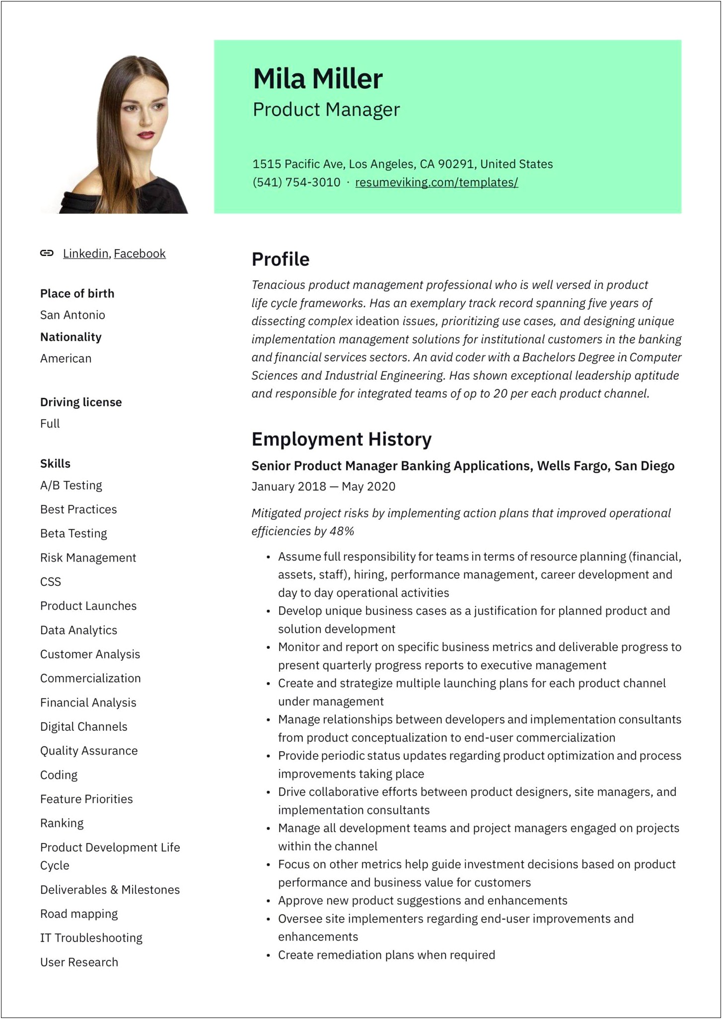 President Of Product Development Resume Example