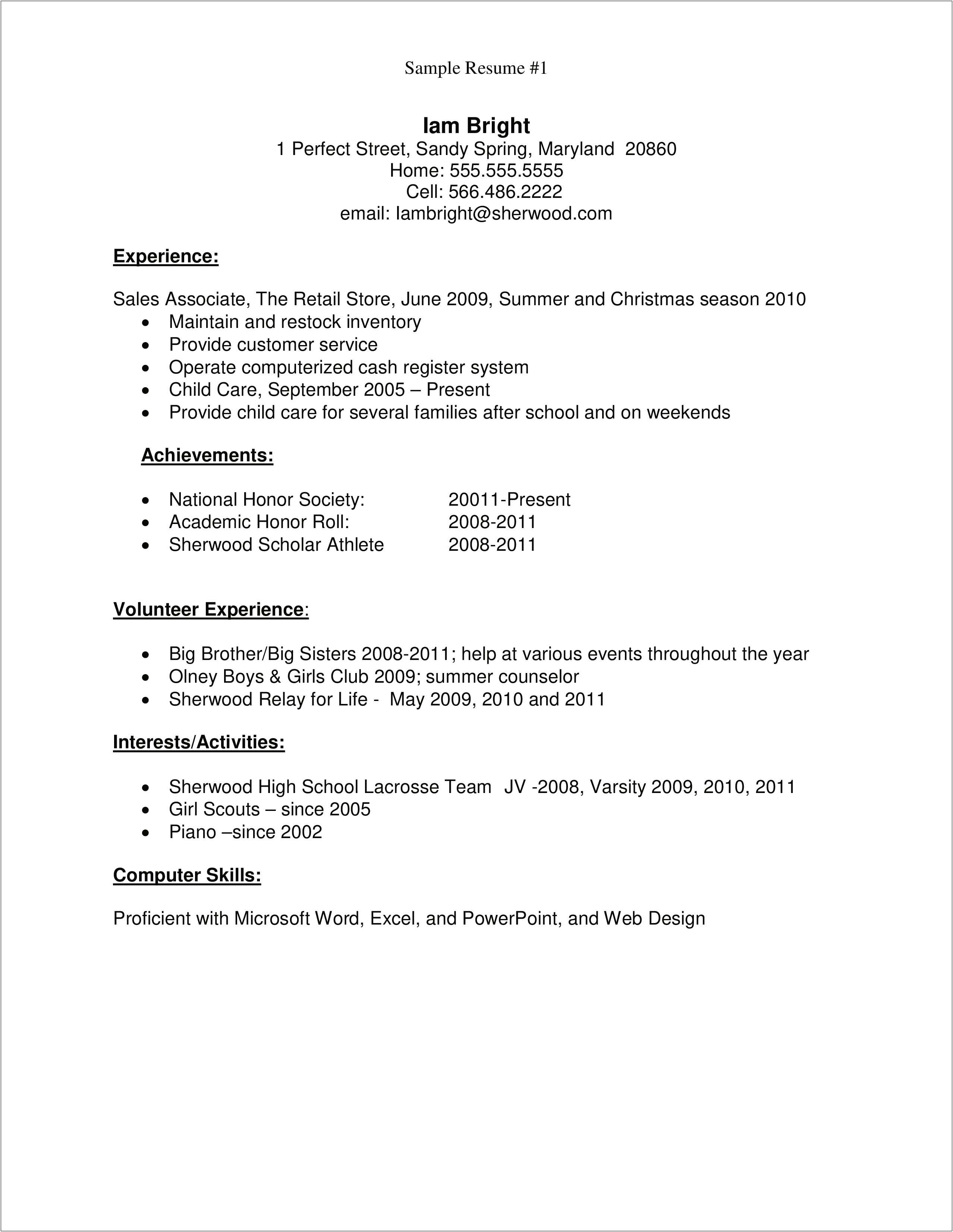 Printable Sample Resume For High School Student