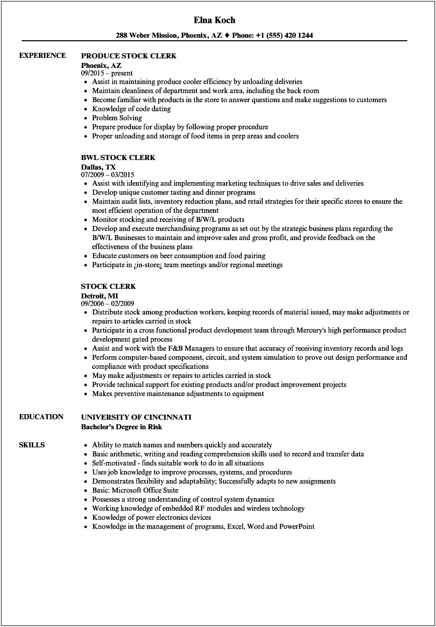 Produce Clerk Job Description For Resume