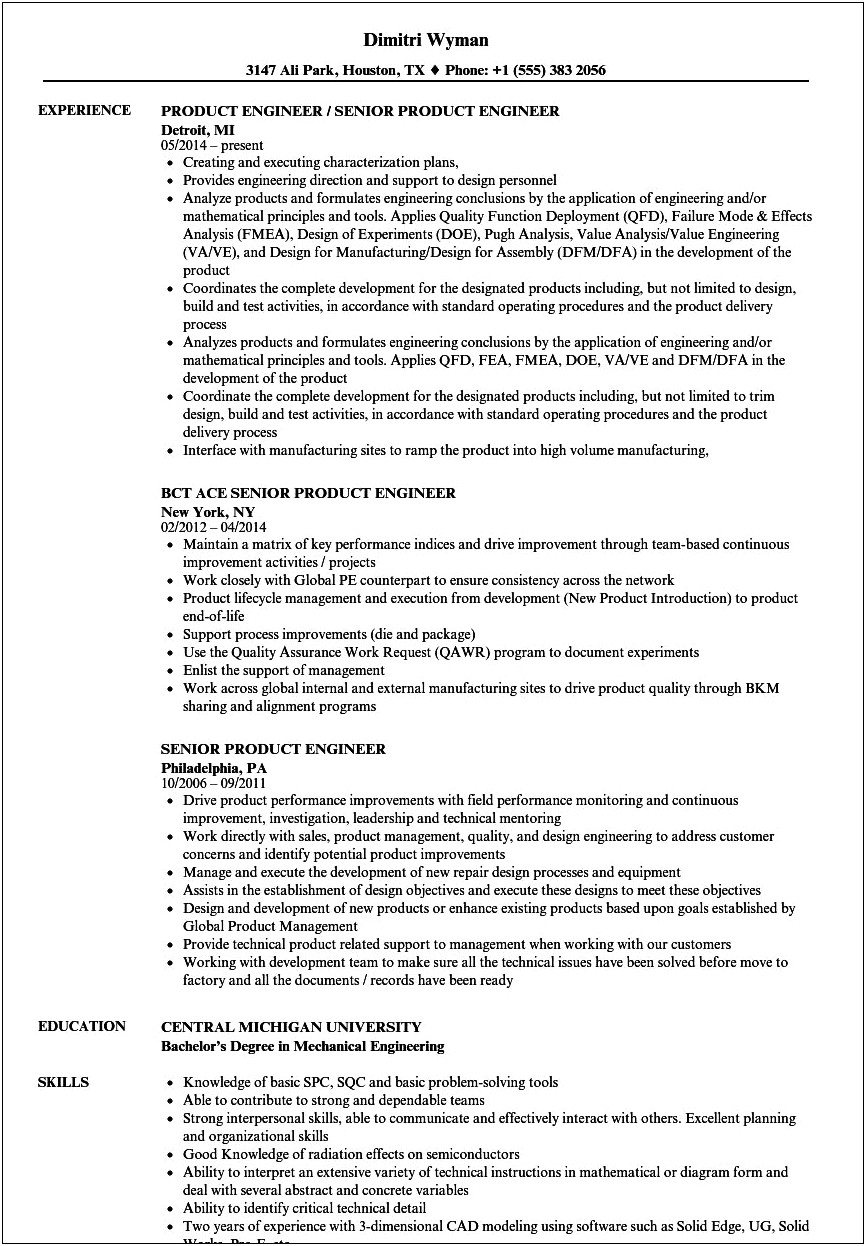 Product Engineer Resume Example Automotive Dynamic Sealing