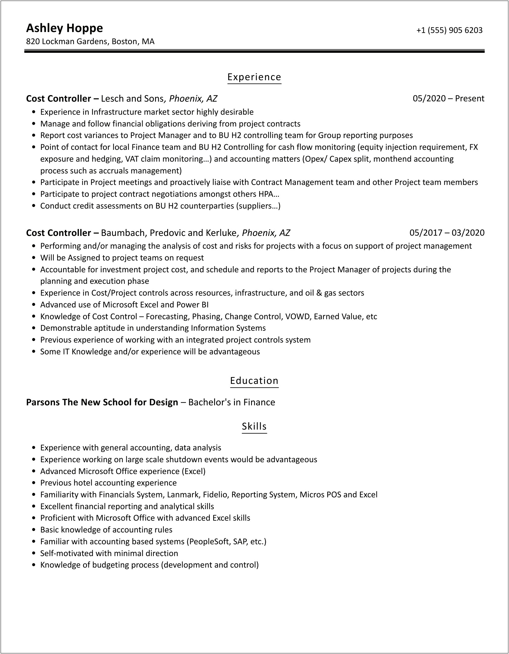 Product Material Cost Controller Resume Samples