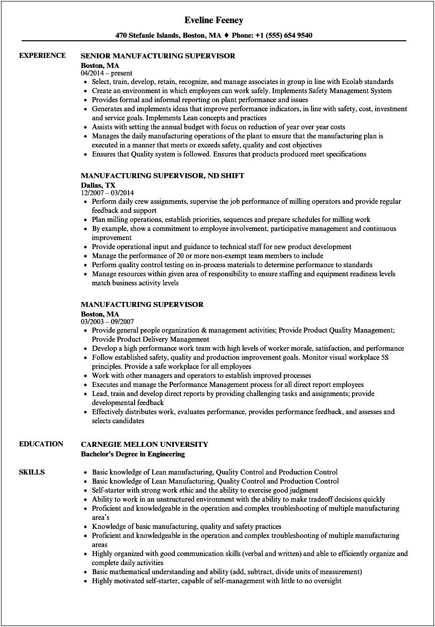 Product Supervisor Job Description For Resume