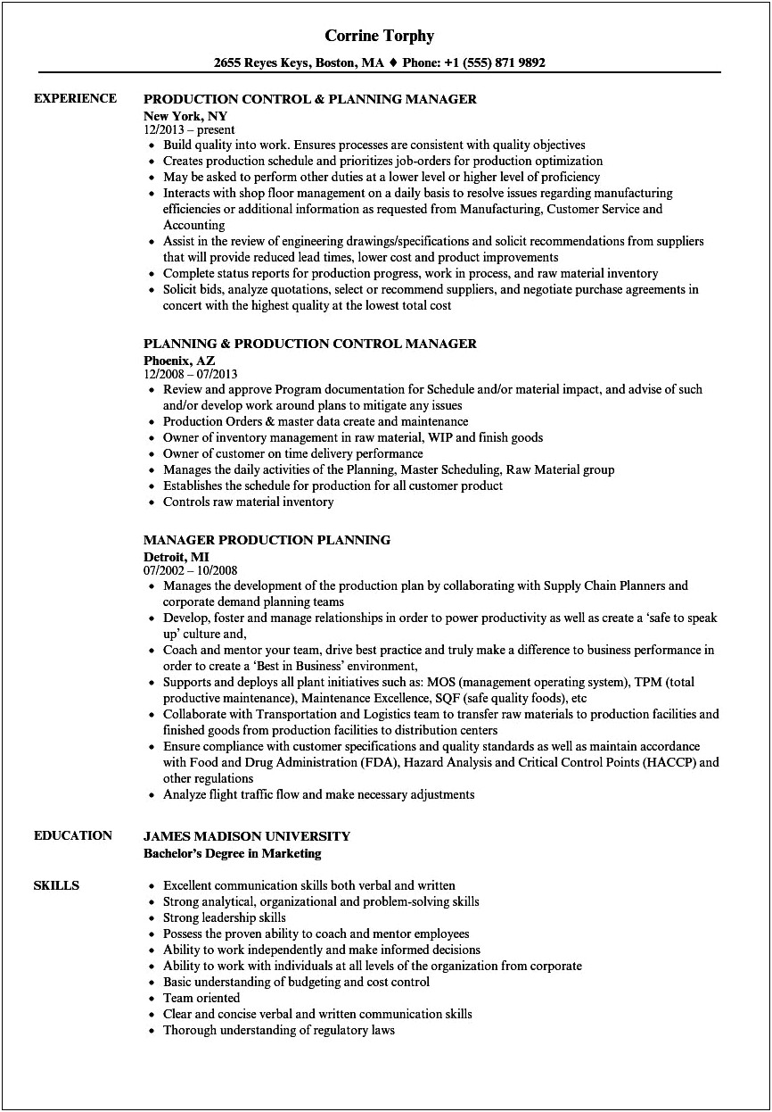 Production Planner Resume For Someone With No Experience