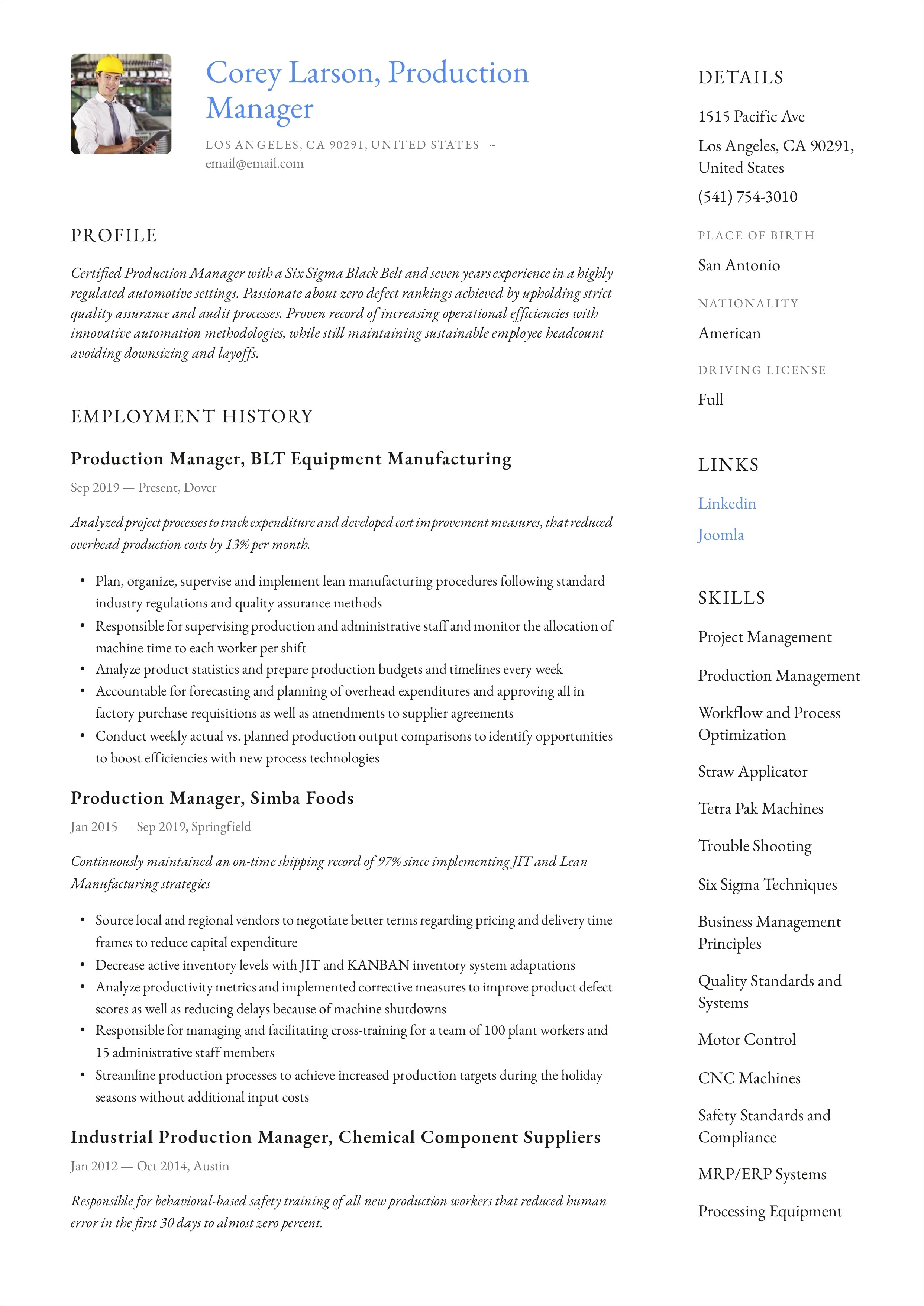 Production Planning And Control Manager Resume Pdf