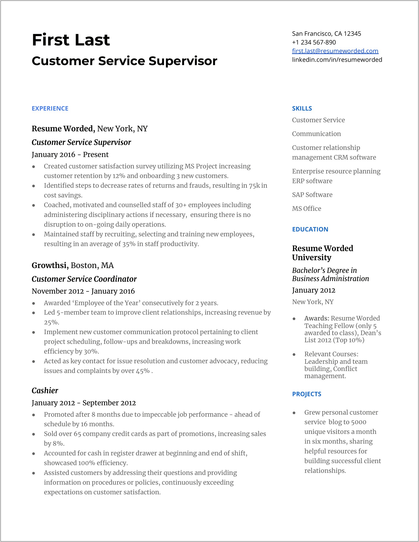 Professional Resume Customer Service Manager Example