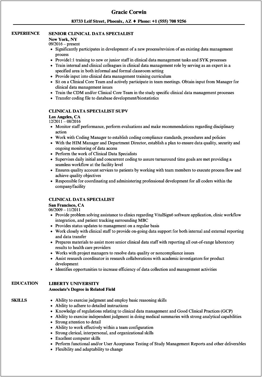 Professional Resume Example For Clincial Specialist