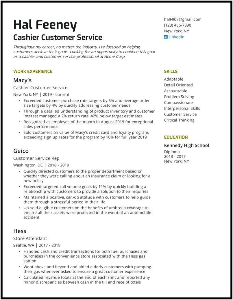 Professional Sounding Description Of Cashier For Resume