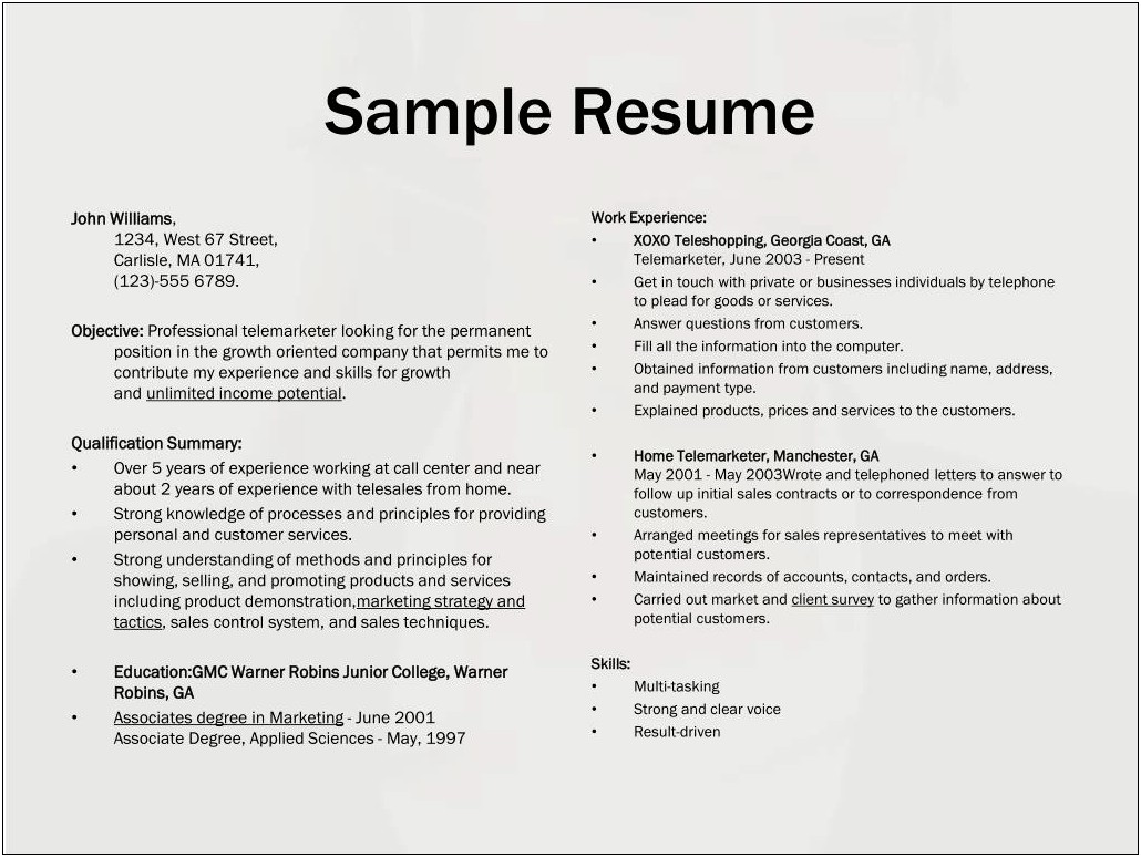 Professional Sounding Description Of Telemarketer For Resume