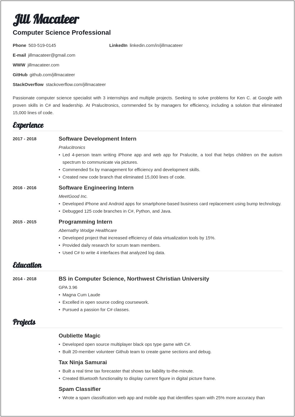 Professional Summary For Computer Science Resume