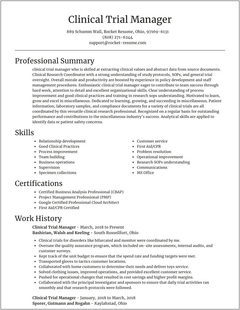 Professional Summary For Resume Clinical Research