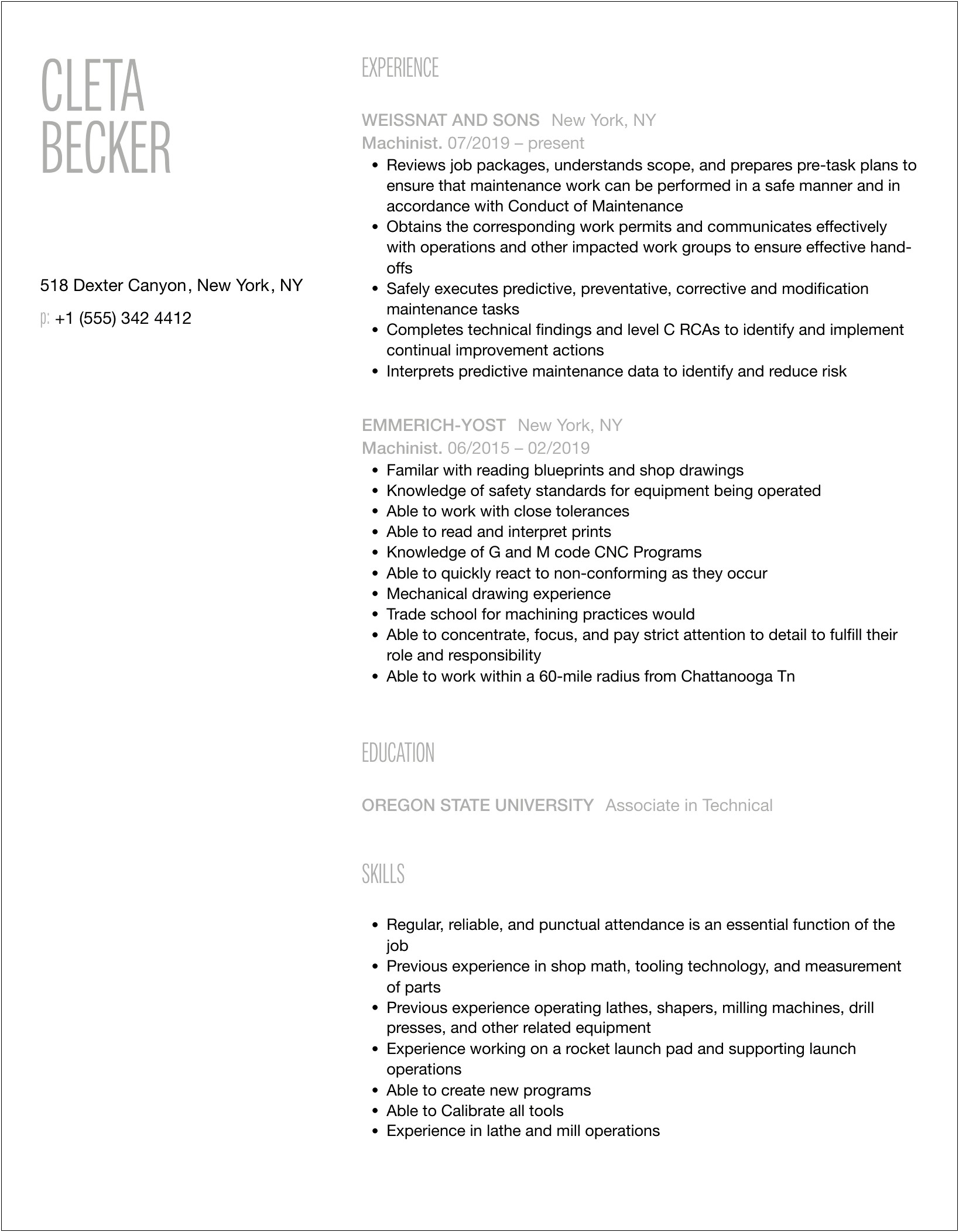 Professional Summary For Resume On Machinist