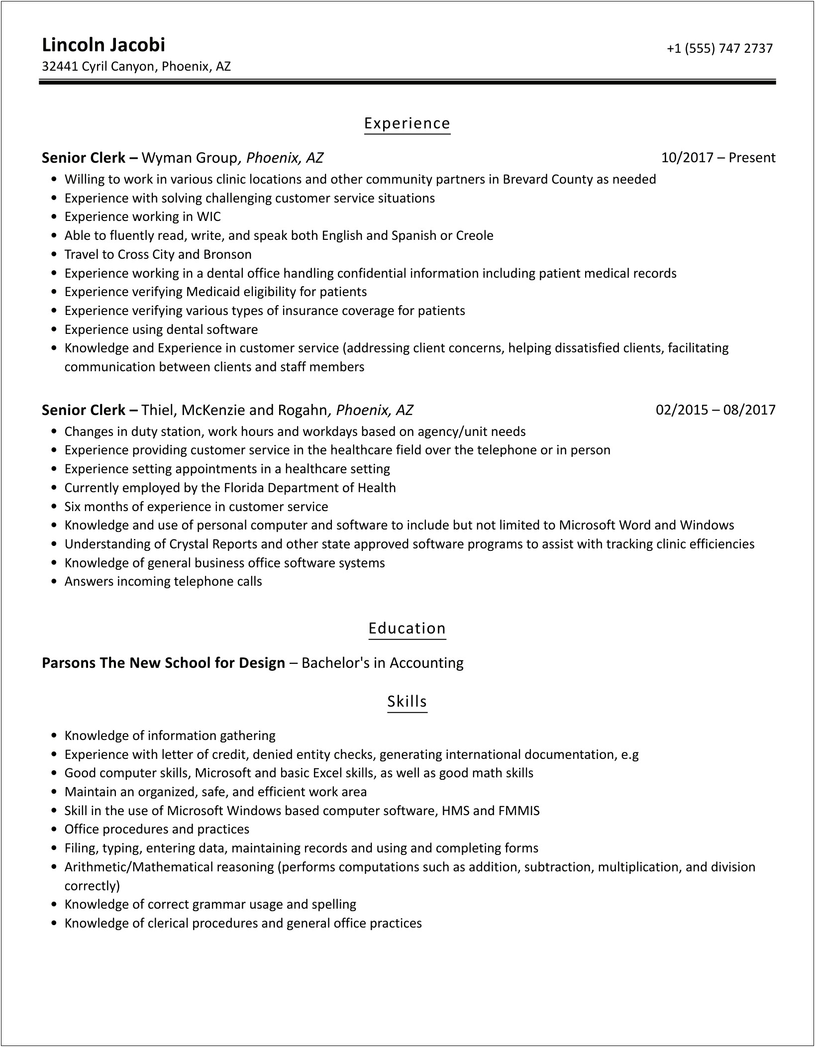 Professional Summary On A Resume For Senior Clerk