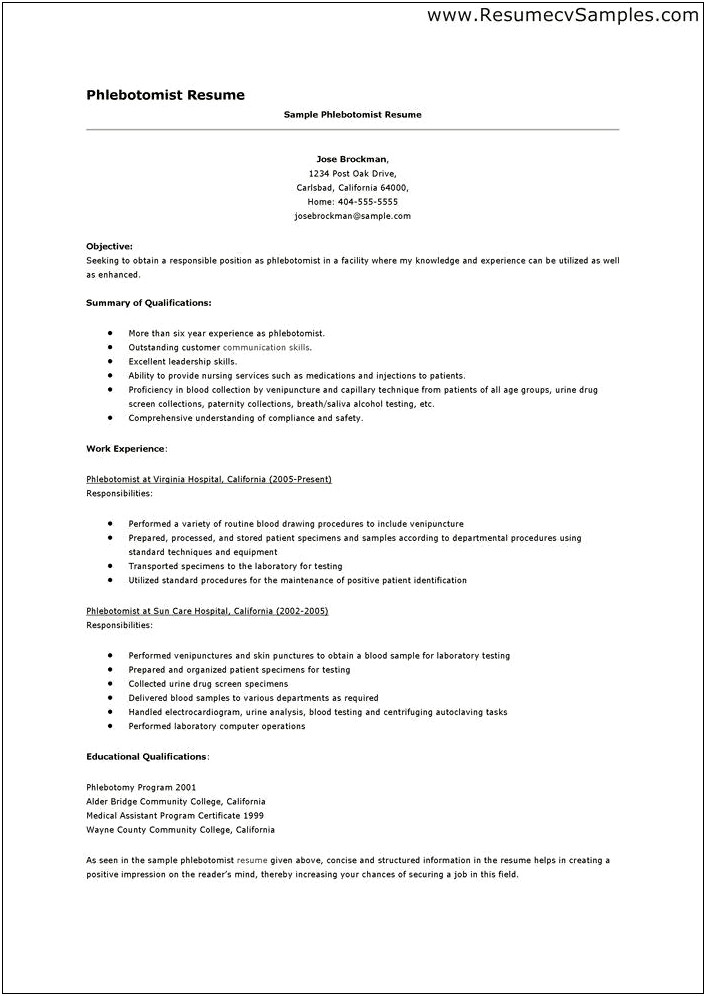 Professional Summary On Resume For Phlebotomist